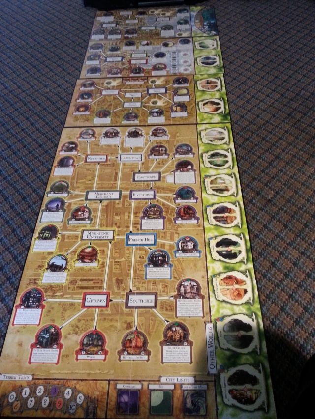 For fun and to show how big this game can get... This is Arkham Horror with the three expansion boards in place.  It's as long as my couch.